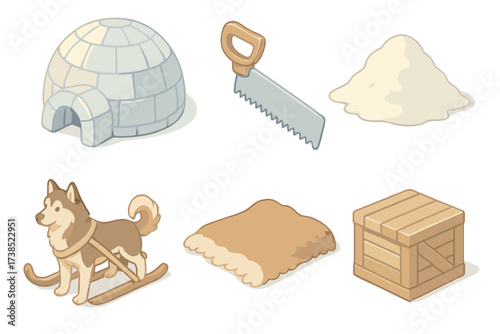 Traditional Polar Icons. Isometric vector illustration set Traditional polar housing: igloo ice block shelter, ice saw, snow pile,
