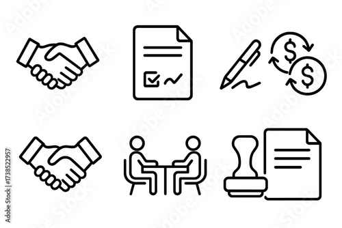 Deal Symbols Icons. Outline icon set of deal symbols: handshake, contract, signature, money exchange, agreement stamp, partnership, negotiation