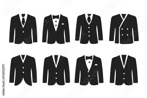Suit Icon Set. Solid, filled icon set of suit types: business suit, tuxedo, three-piece suit, double-breasted suit, morning suit, lounge suit, dinner jacket,