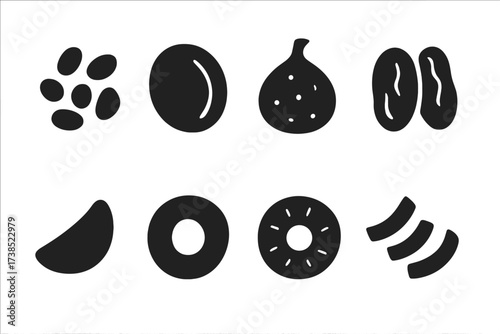 Dried Fruits Icons. Solid, filled icon set of dried fruits: raisins, dried apricot, dried fig, dried dates, dried mango, dried apple, dried pineapple, dried