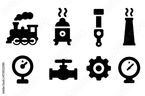 Steam Machine Icons. Solid, filled icon set of steam machines: steam engine, boiler, piston, smokestack, gauge, valve, cogwheel, pressure meter. [Line icons in