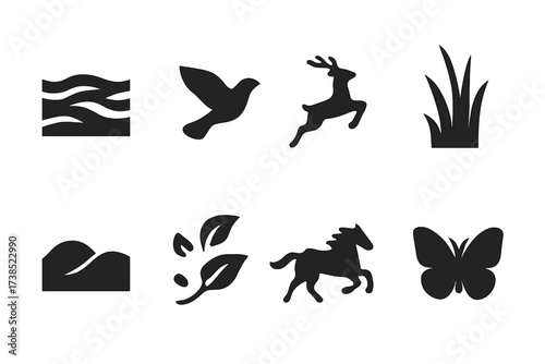 Dynamic Nature Icons. Solid, filled icon set of dynamic nature: flowing river, flying bird, jumping deer, waving grass, rolling hills, swirling leaves, running