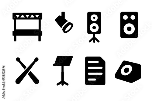 Live Setup Icons. Solid, filled icon set of live session setup: stage, spotlight, PA system, guitar pedal, drumsticks, music stand, setlist, monitor speaker.