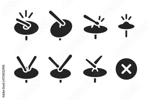 Cymbal Technique Icons. Solid, filled icon set of crash cymbal playing techniques: crash hit, choke, bell hit, splash, roll, rim hit, accent, muted crash.