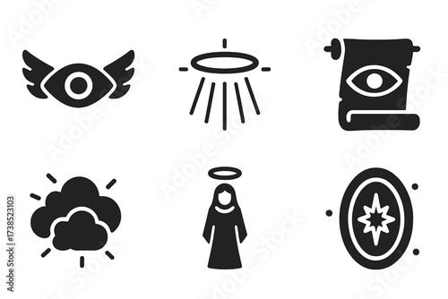 Divine Visions Icons. Solid, filled icon set of divine visions: angelic eye, halo beam, holy light, prophecy scroll, glowing cloud, spirit guide, divine