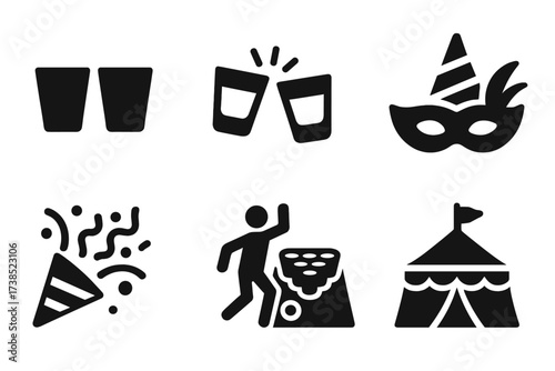 Cultural Festivity Icons. Solid, filled icon set of shot culture and traditions: toast, cheers, party mask, celebration hat, confetti, dance pose, drinking