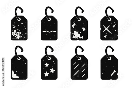 Rusty Metal Icon Set. Solid, filled icon set of rusty metal tags: corroded surface, worn edges, peeling paint, rusty loops, scratched engravings, chipped