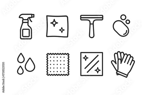 Mirror Cleaning Icons. Outline icon set of mirror cleaning: spray bottle, cloth, squeegee, soap, water droplets, microfiber cloth, streak-free wipe, cleaning