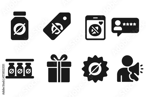 Unscented Product Icons. Solid, filled icon set of unscented product marketing: product label, price tag, social media post, customer review, store shelf, gift