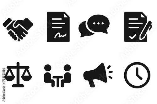 Negotiation Icons Set. Solid, filled icon set of negotiation: handshake, contract, speech bubbles, agreement document, scales of justice, negotiation table,