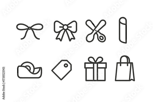Gift Wrapping Icons. Outline icon set of surprise gifts wrapping: ribbon, bow, scissors, wrapping paper, tape dispenser, gift tag, gift box, gift bag. Line
