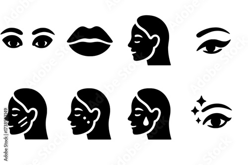 Makeup Style Icons. Solid, filled icon set of makeup styles: smokey eyes, bold lips, natural look, winged eyeliner, contouring, blush, highlighter, glitter.