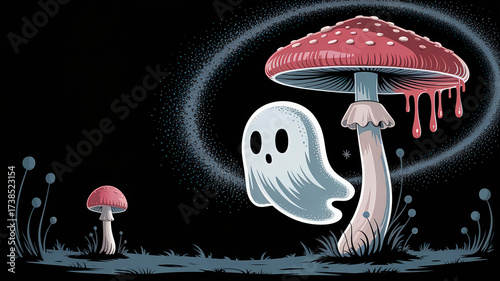 Whimsical Ghost Floating Near a Mushroom with Dripping Liquid in a Dark and Mysterious Setting Illustration