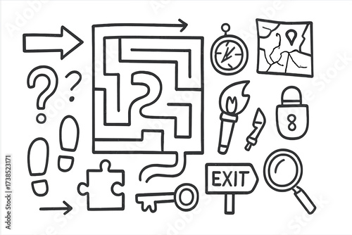 Maze Exploration Icons. Hand-drawn doodle illustration maze labyrinth, path, walls, exit sign, arrows, compass, map, stopwatch, question mark, footprints,