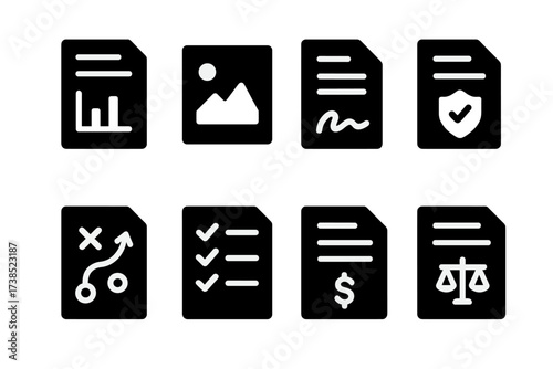 Document Icons Grid. Solid, filled icon set of collapse documentation: report, photo, contract, insurance form, plan, checklist, invoice, legal document.