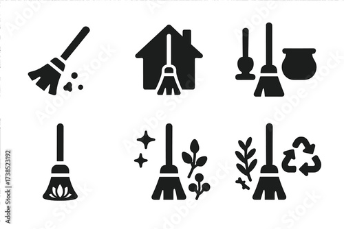 Ritual Broom Icons. Solid, filled icon set of ritual broom modern uses: house cleaning, feng shui, home blessing, spiritual workshop, meditation space, energy