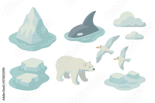 Polar Seascape Iconography. Isometric vector illustration set Cold water seascape: iceberg tip float ocean, orca fin, sea birds,