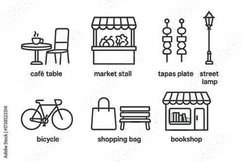 Spanish Lifestyle Icons. Outline icon set of Spanish daily life: cafe table, market stall, tapas plate, street lamp, bicycle, shopping bag, plaza bench,
