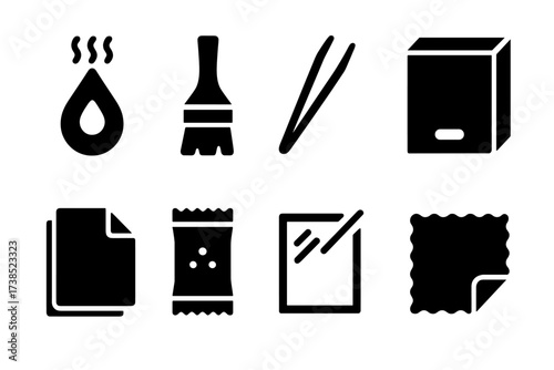 Parchment Preservation Tools Icons. Solid, filled icon set of parchment tools for preservation: humidifier, brush, tweezers, archival box, acid-free paper,