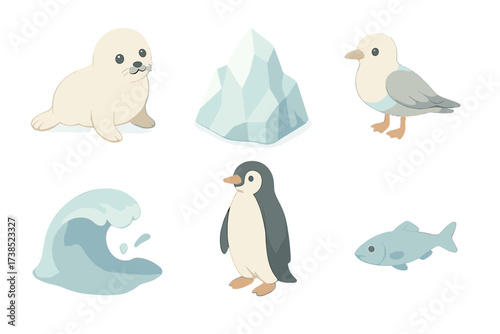 Polar Marine Icons. Isometric vector illustration set Polar marine life: seal pup fluffy white, iceberg, penguin, seabird, splash