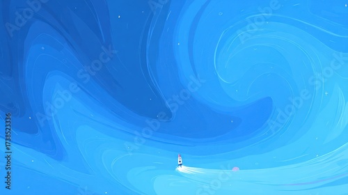 Fototapeta Naklejka Na Ścianę i Meble -  Rocket ship ascending through swirling blue abstract space with stars