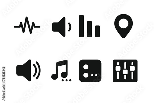 Tom-Tom Sound Icons. Solid, filled icon set of tom-tom sound and effects: sound wave, volume control, equalizer, bass boost, reverb, delay, compressor, audio
