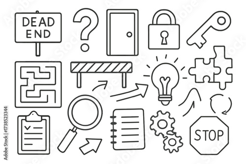 Problem Solving Doodle Icons. Hand-drawn doodle illustration deadend problem question mark, closed door, lock, key, maze, barrier, light bulb, puzzle pieces,