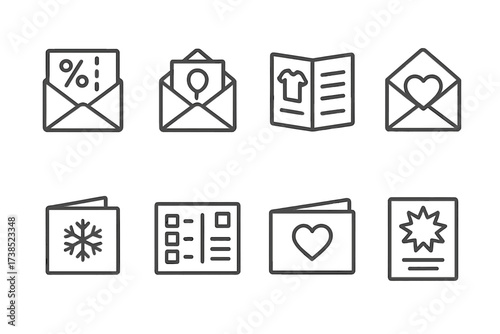 Direct Mail Icons. Outline icon set of direct mail types: coupon mailer, event invitation, product catalog, fundraising letter, seasonal greeting, survey