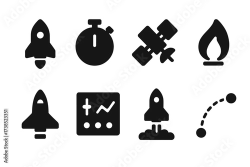 Space Launch Icons. Solid, filled icon set of launch: rocket, countdown timer, satellite, ignition flame, space shuttle, control panel, blast-off, trajectory