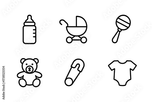 Baby Icons Set. Outline icon set of baby and new parent congratulations: baby bottle, pacifier, stroller, baby rattle, teddy bear, diaper pin, baby clothes,