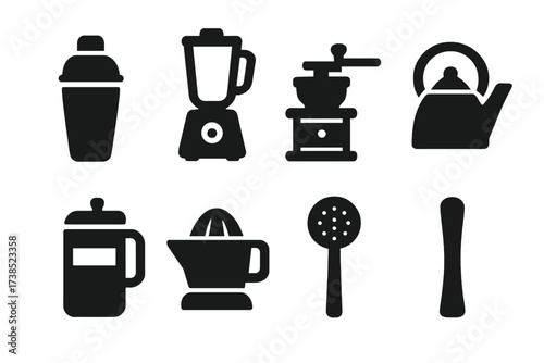Drink Preparation Icons. Solid, filled icon set of drink preparation tools: cocktail shaker, blender, coffee grinder, kettle, french press, juicer, strainer,