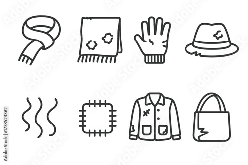 Worn Textiles Icons. Outline icon set of worn textiles: faded scarf, tattered blanket, shredded glove, distressed hat, loose threads, mended patch, shabby