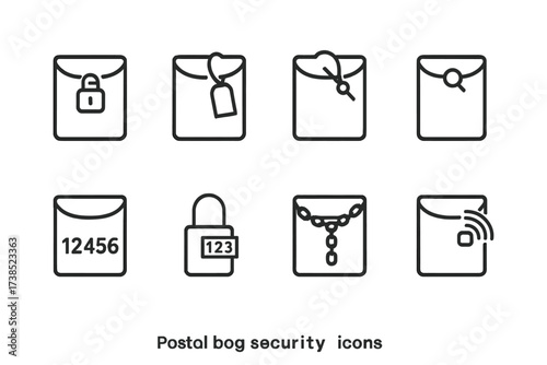 Postal Bag Security Icons. Outline icon set of postal bag security: lock seal, tamper evident tag, zip tie, bag seal, security code, numbered lock, chain