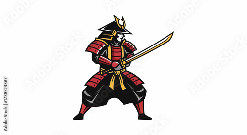 Illustration of a fearsome samurai warrior ready for battle wielding a katana