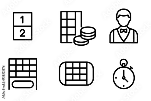 Roulette Icon Set. Outline icon set of roulette table elements: numbers, betting squares, chips, dealer, payout chart, betting area, timer, money. Line icons