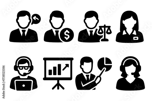 Restructuring Support Icons. Solid, filled icon set of restructuring support: consultant, financial advisor, legal expert, HR manager, IT specialist, project