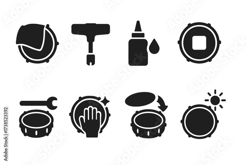 Drum Maintenance Icons. Solid, filled icon set of drum skin maintenance: cleaning cloth, tuning key, lubricant, patch repair, tension adjustment, drumhead