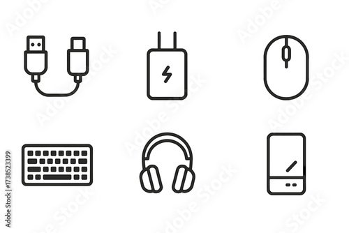 Tech Gear Icons. Outline icon set of tech gear accessories: USB cable, charger, power bank, wireless mouse, keyboard, headphones, screen protector, portable