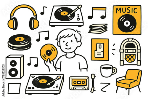 Vinyl Enthusiast Doodle. Vinyl Enthusiast. Hand-drawn doodle illustration vinyl enthusiast person holding vinyl record (accented), record player, headphones
