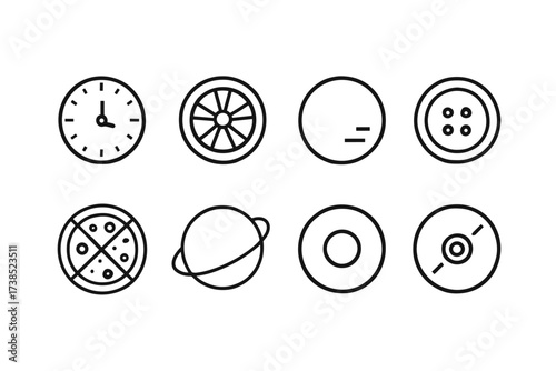 Wheel & Circular Icons. Outline icon set of wheel accessories: tire pump, valve stem, lug nut, hubcap, tire pressure gauge, rim, wheel lock, wheel brace. Line