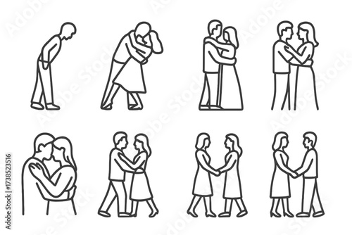 Slow Dance Icons. Outline icon set of slow dance poses: bow, dip, arm around waist, hand on shoulder, close face, step forward, step back, hand in hand. Line