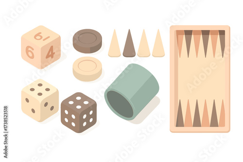 Strategy Game Elements. Isometric vector illustration set Strategy game parts: backgammon doubling cube, dark and light checkers,