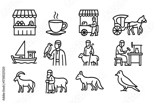 Middle Eastern Icon Set. Outline icon set of Lebanese daily life: souk market, coffee cup, street vendor, horse carriage, fishing boat, falconer, shepherd,