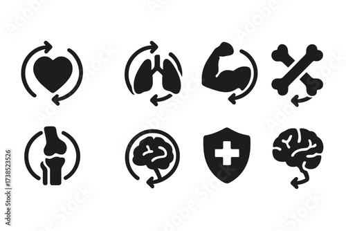 Health Icons Grid. Solid, filled icon set of recovery health: heart, lungs, muscles, bones, joints, brain, immune system, nervous system. Solid, filled icons