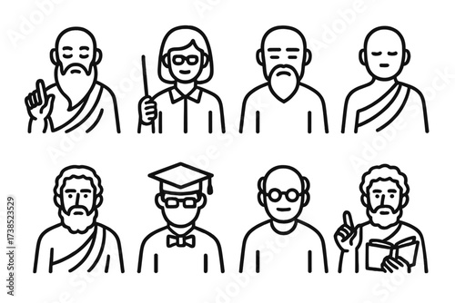 Wise People Icons. Outline icon set of wise people: sage, teacher, elder, monk, philosopher, scholar, mentor, storyteller. Line icons in only black color,