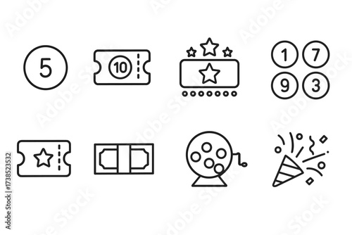 Lottery Icons Set. Outline icon set of lottery: lottery ball, ticket, jackpot, numbers, winning ticket, cash prize, drawing machine, confetti. Line icons in