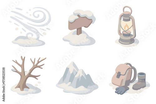 Severe Winter Icons. Isometric vector illustration set Severe winter storm: blizzard wind snow blind, buried trail sign, lantern,