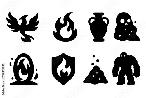 Mythic Ash Icon Set. Solid, filled icon set of mythic ash elements: ash phoenix, void fire, ancient urn, cursed soot, ash portal, burned crest, elemental dust,