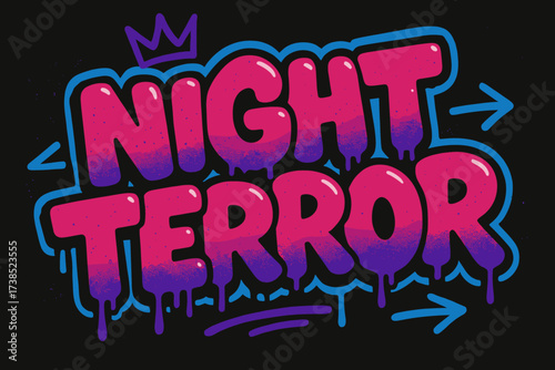 Urban Halloween Graffiti. Night Terror ? Graffiti Simplified, chunky bubble letters with dripping outlines, tilted layout, arrows and crown accents, flat spray