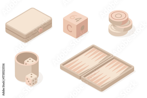 Portable Backgammon Set. Isometric vector illustration set Backgammon travel set: compact board, doubling cube, checkers stacked,